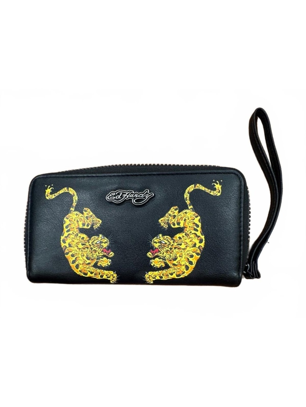Ed Hardy Black Leather Zip-Around Wallet with Yellow Tiger Print